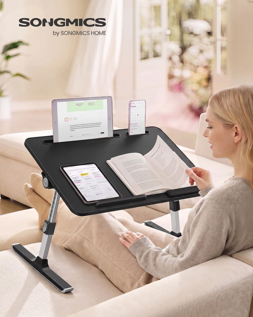 SONGMICS Laptoptisch, Betttisch mit Geräteschlitz, 60 x 40 x 25 cm