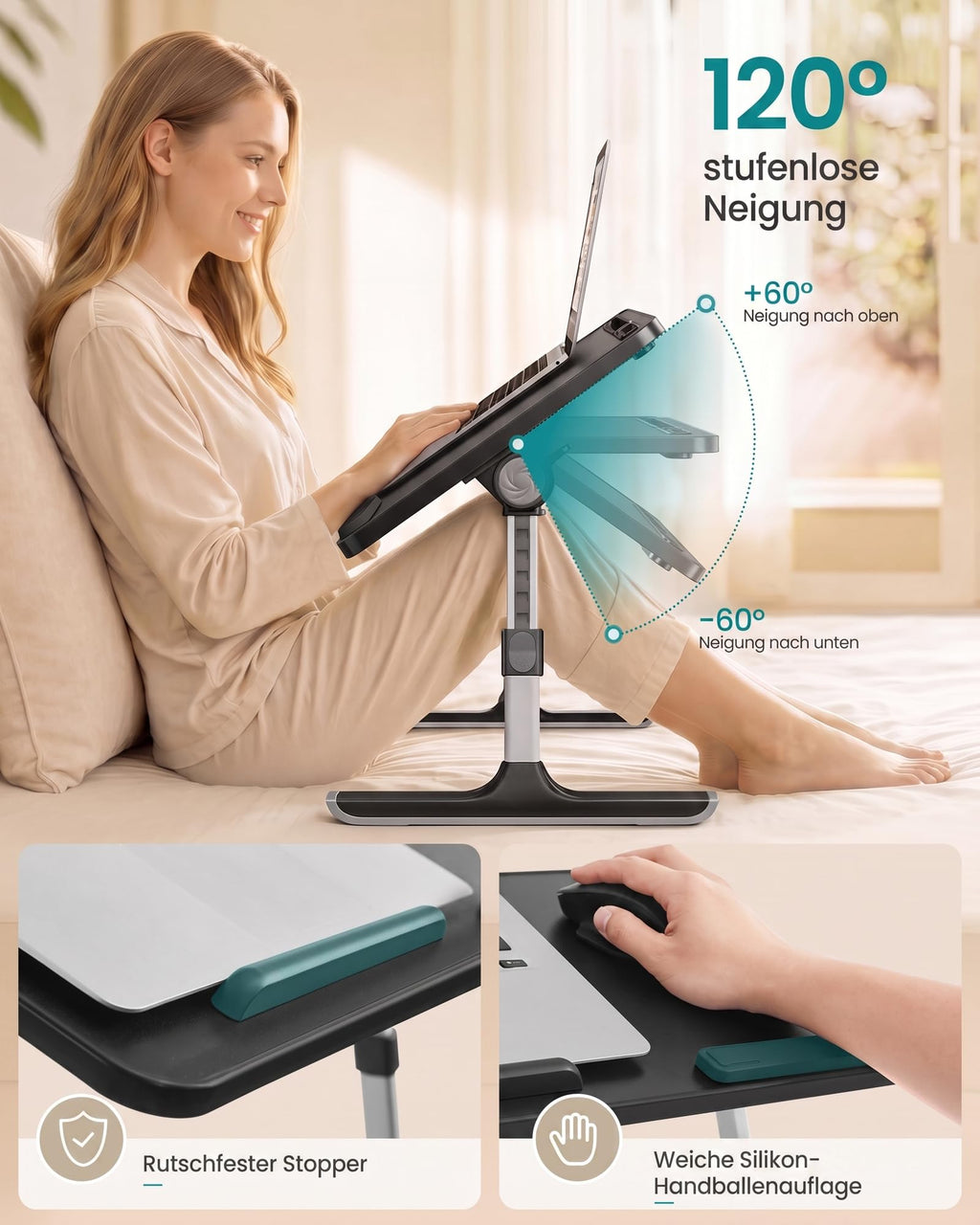 SONGMICS Laptoptisch, Betttisch mit Geräteschlitz, 60 x 40 x 25 cm
