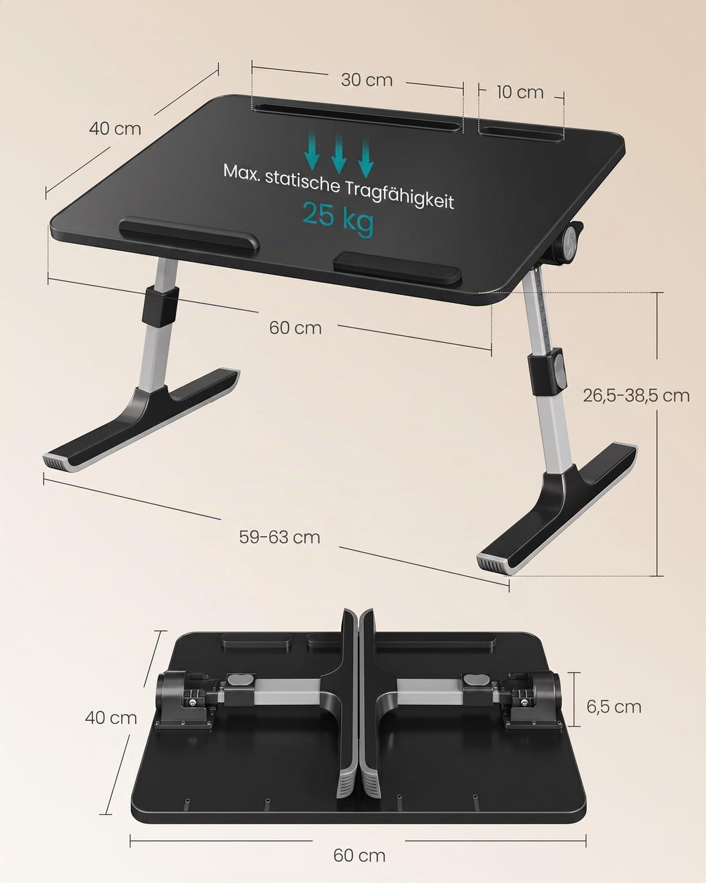 SONGMICS Laptoptisch, Betttisch mit Geräteschlitz, 60 x 40 x 25 cm