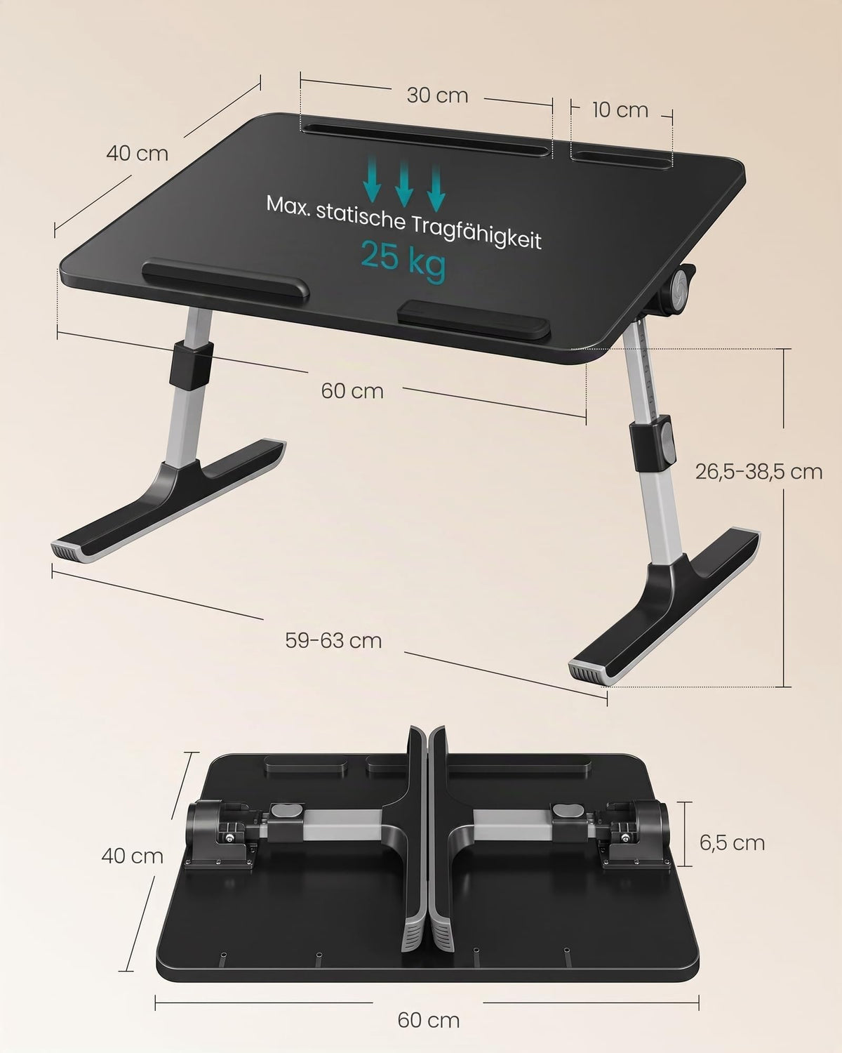 SONGMICS Laptoptisch, Betttisch mit Geräteschlitz, 60 x 40 x 25 cm