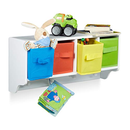Relaxdays Kinder Wandregal Albus, 4 Kleiderhaken, weiß