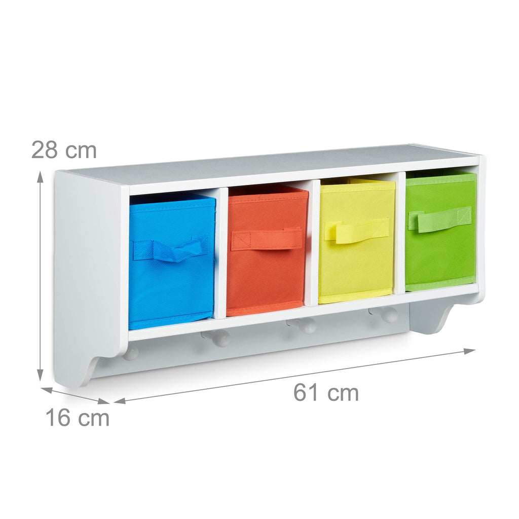 Relaxdays Kinder Wandregal Albus, 4 Kleiderhaken, weiß