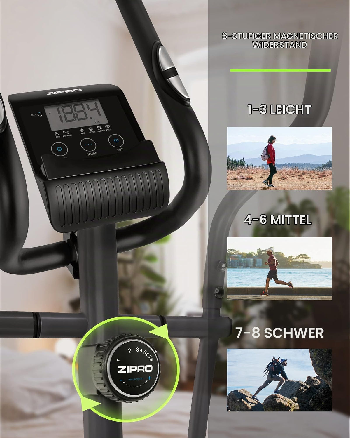 ZIPRO Crosstrainer Shox für Zuhause mit 8 Widerstandsstufen bis 120 kg