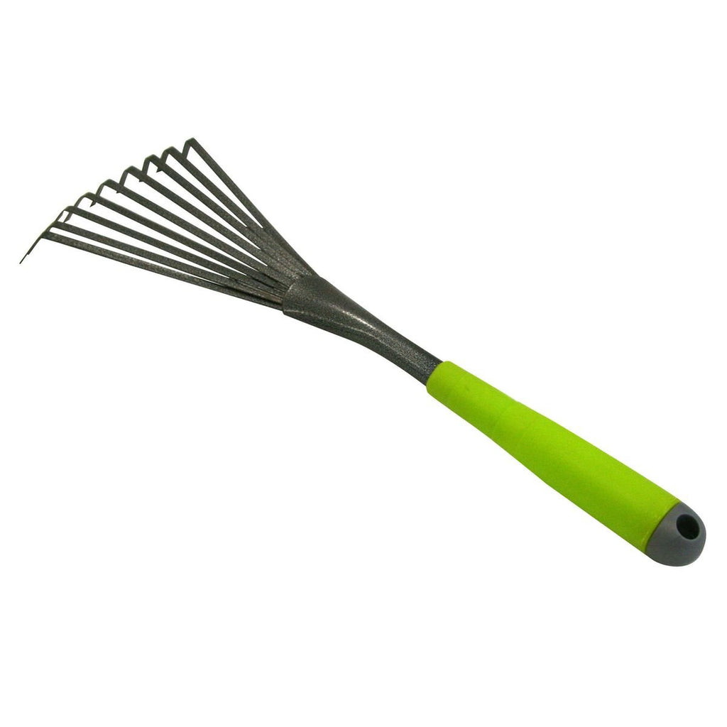 Kleinbesen in Schwarz, pulverbeschichteter Rechen mit Silber-Hammerschlag, Kleinrechen mit formgerechter Handgriff, Gartenwerkzeug mit 9 flachen Federstahlzinken, rostfreie Laubharke