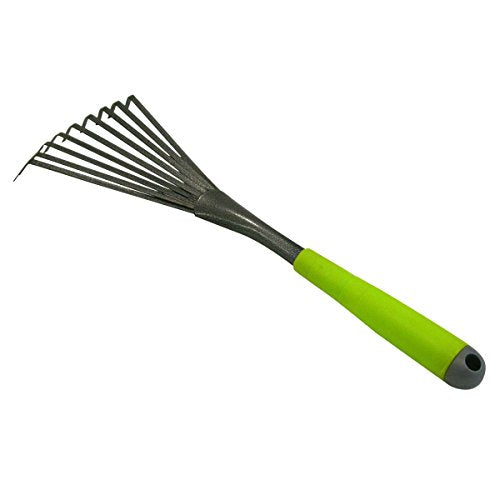 Kleinbesen in Schwarz, pulverbeschichteter Rechen mit Silber-Hammerschlag, Kleinrechen mit formgerechter Handgriff, Gartenwerkzeug mit 9 flachen Federstahlzinken, rostfreie Laubharke