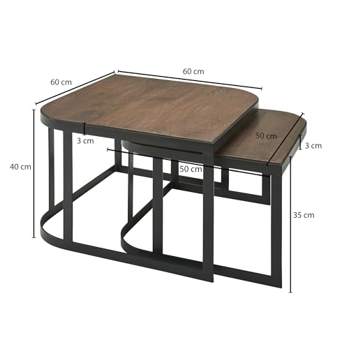 FineBuy Couchtisch 2er Set 60x60x40 cm Mango Massivholz Dunkelbraun