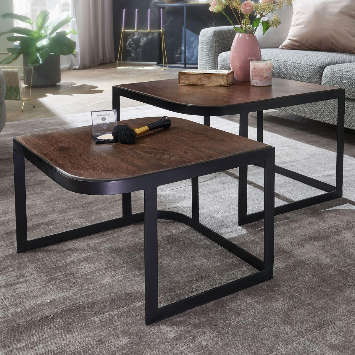 FineBuy Couchtisch 2er Set 60x60x40 cm Mango Massivholz Dunkelbraun