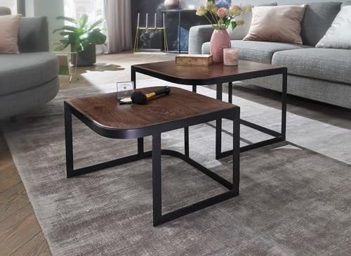 FineBuy Couchtisch 2er Set 60x60x40 cm Mango Massivholz Dunkelbraun