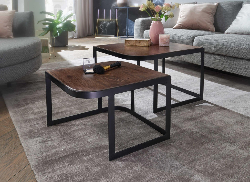 FineBuy Couchtisch 2er Set 60x60x40 cm Mango Massivholz Dunkelbraun