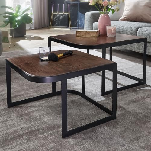 FineBuy Couchtisch 2er Set 60x60x40 cm Mango Massivholz Dunkelbraun