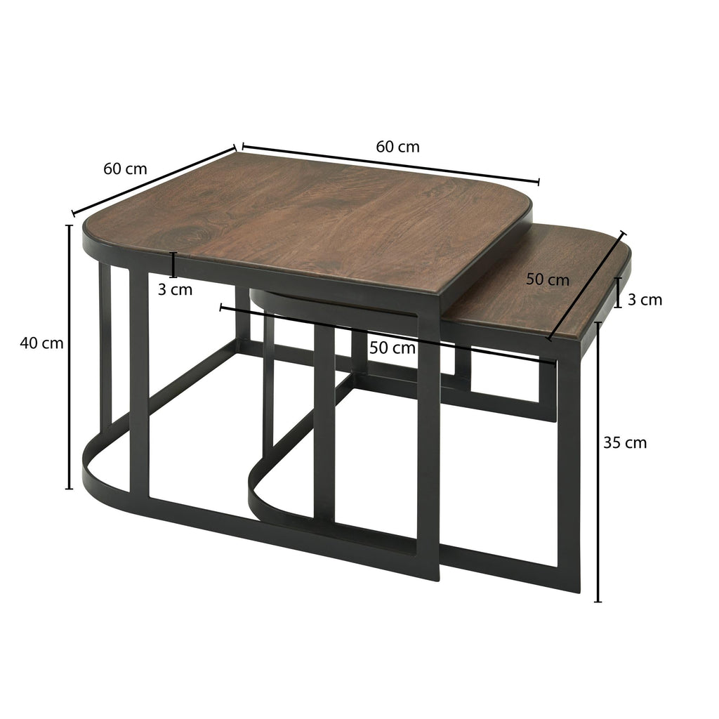 FineBuy Couchtisch 2er Set 60x60x40 cm Mango Massivholz Dunkelbraun