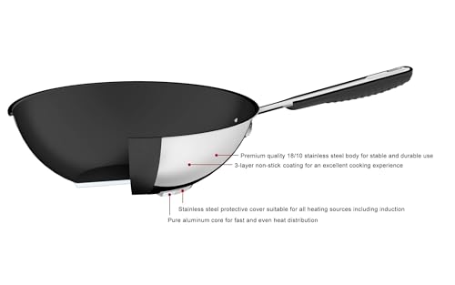 Amazon Basics 3-teiliges Brat- und Wokpfannen-Set mit Antihaftbeschichtung, induktionsgeeignet, mit bequemem Griff, Edelstahl, 24/28/28 cm