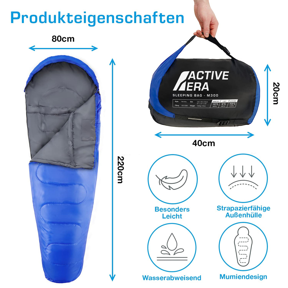 Active Era Mumienschlafsack – Schlafsack Winter & Sommer, wasserabweisend, Windschutz & Ultraleicht, Temperatur -10°C bis 10°C (je nach Modell) - Kleines Packmaß ideal für Outdoor Campen