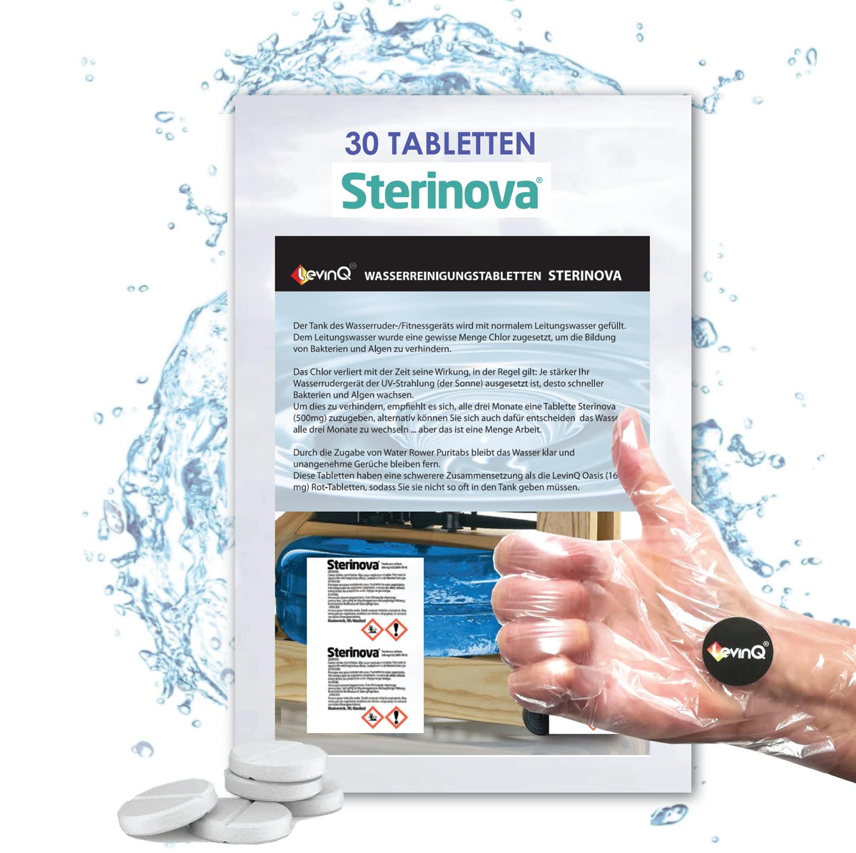 Puritabs Maxi Vorteilspack Sterinova 30x Wasser Rudergerät Tabletten wie Waterrower, Skandika, Hammer, + LevinQ Handschuhe, Extra Konzentriert, Gegen Algen