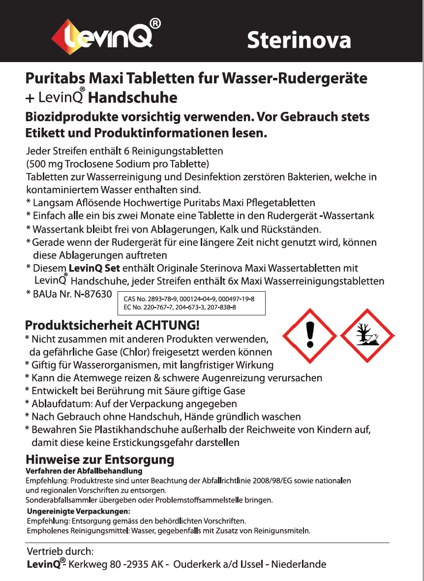 Puritabs Maxi Vorteilspack Sterinova 30x Wasser Rudergerät Tabletten wie Waterrower, Skandika, Hammer, + LevinQ Handschuhe, Extra Konzentriert, Gegen Algen