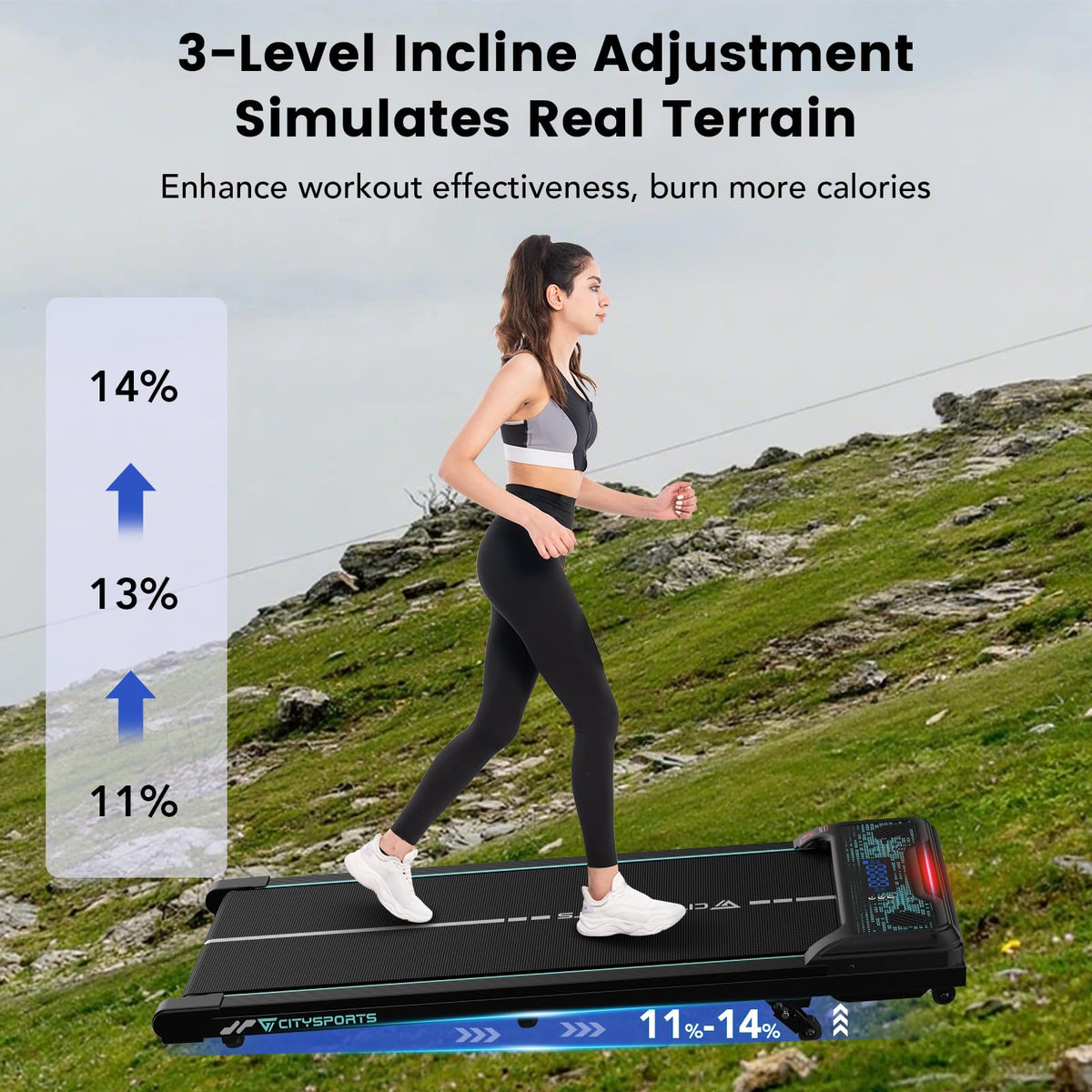 CITYSPORTS Laufband mit Steigung,Walking Pad mit 11 %–14 % Neigung,LED-Anzeige & Lichteffekt,1–6 km/h,Laufband für Zuhause Büro mit Fernbedienung