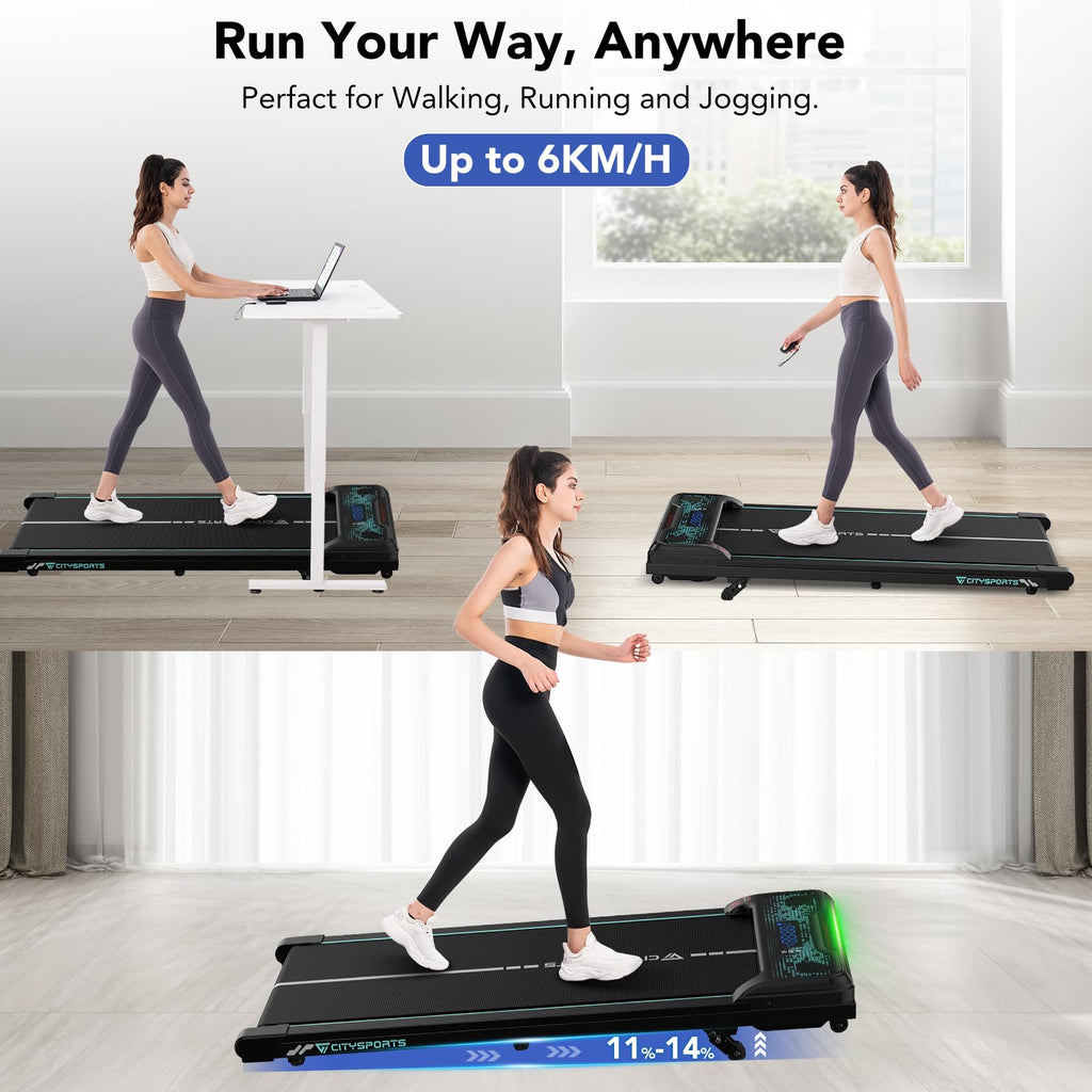 CITYSPORTS Laufband mit Steigung,Walking Pad mit 11 %–14 % Neigung,LED-Anzeige & Lichteffekt,1–6 km/h,Laufband für Zuhause Büro mit Fernbedienung