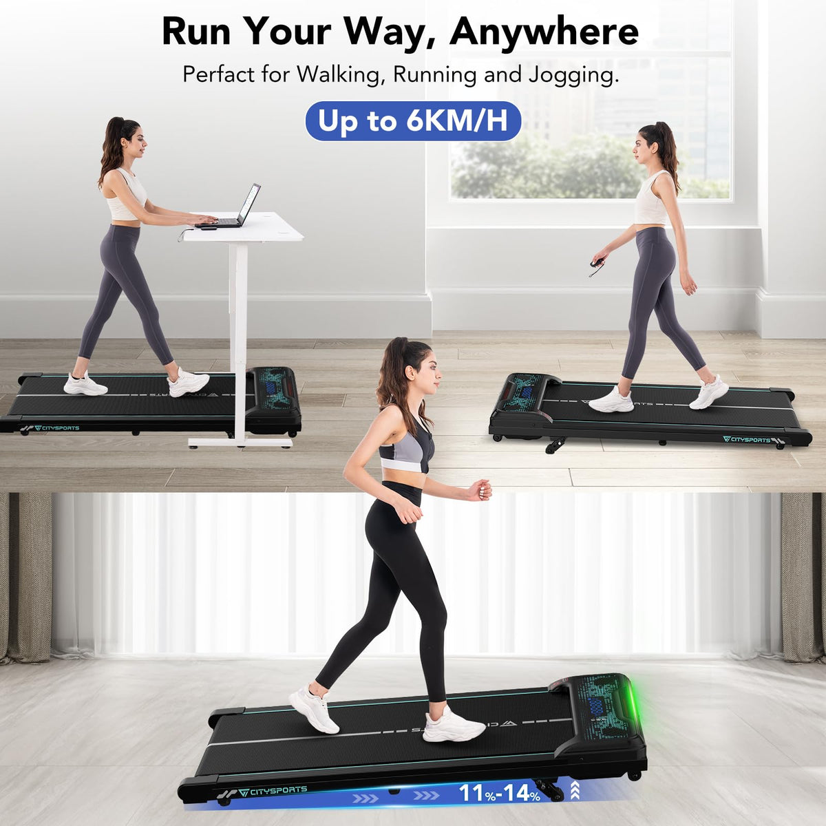 CITYSPORTS Laufband mit Steigung,Walking Pad mit 11 %–14 % Neigung,LED-Anzeige & Lichteffekt,1–6 km/h,Laufband für Zuhause Büro mit Fernbedienung