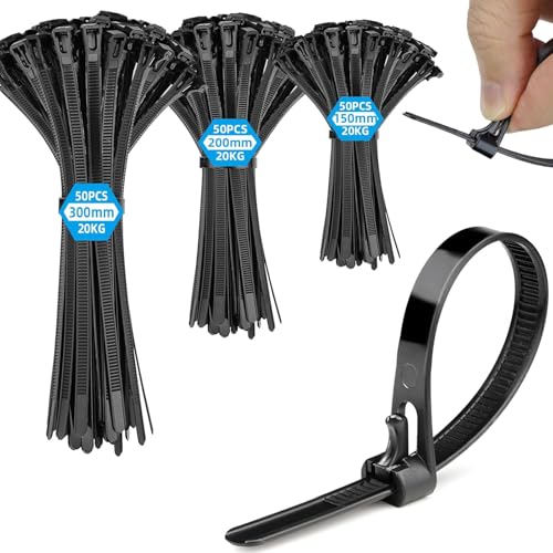 Kabelbinder Schwarz Wiederverschließbar UV Beständig,150 Stück Set 150/200/300mm Wiederverwendbare Kabelbinder Lang Set für Werkstatt, Elektroinstallation,Kabelmanagement,Gartenarbeit,Wohnen