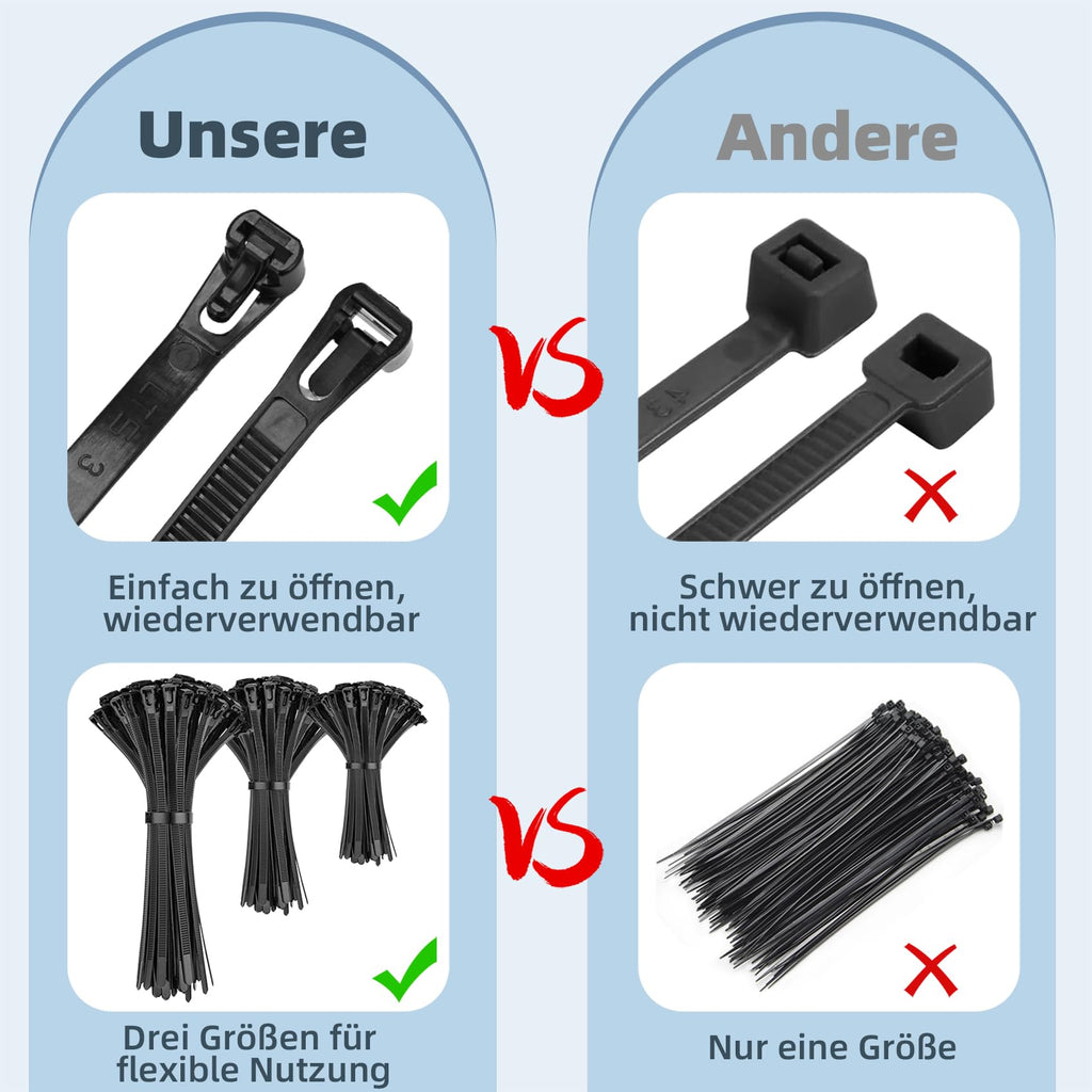 Kabelbinder Schwarz Wiederverschließbar UV Beständig,150 Stück Set 150/200/300mm Wiederverwendbare Kabelbinder Lang Set für Werkstatt, Elektroinstallation,Kabelmanagement,Gartenarbeit,Wohnen