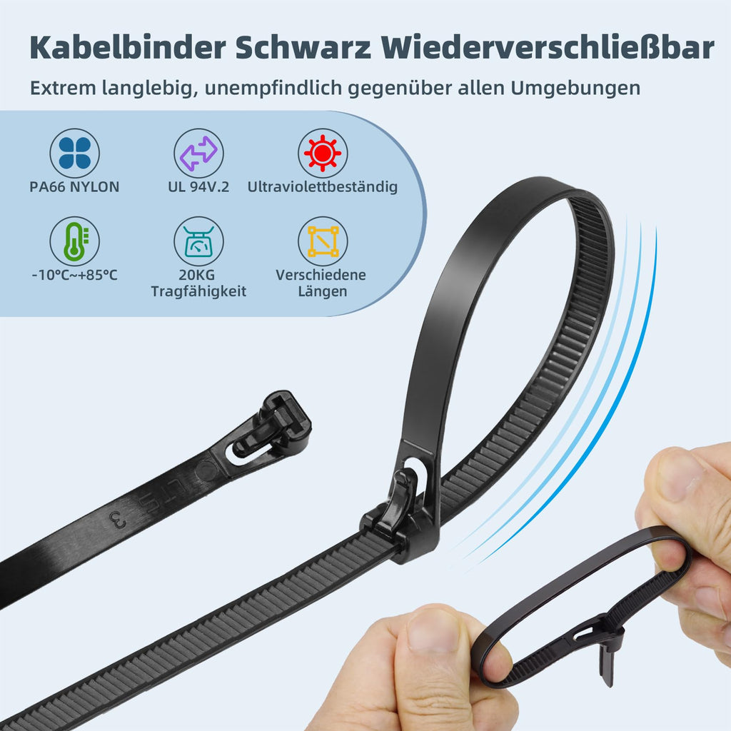 Kabelbinder Schwarz Wiederverschließbar UV Beständig,150 Stück Set 150/200/300mm Wiederverwendbare Kabelbinder Lang Set für Werkstatt, Elektroinstallation,Kabelmanagement,Gartenarbeit,Wohnen