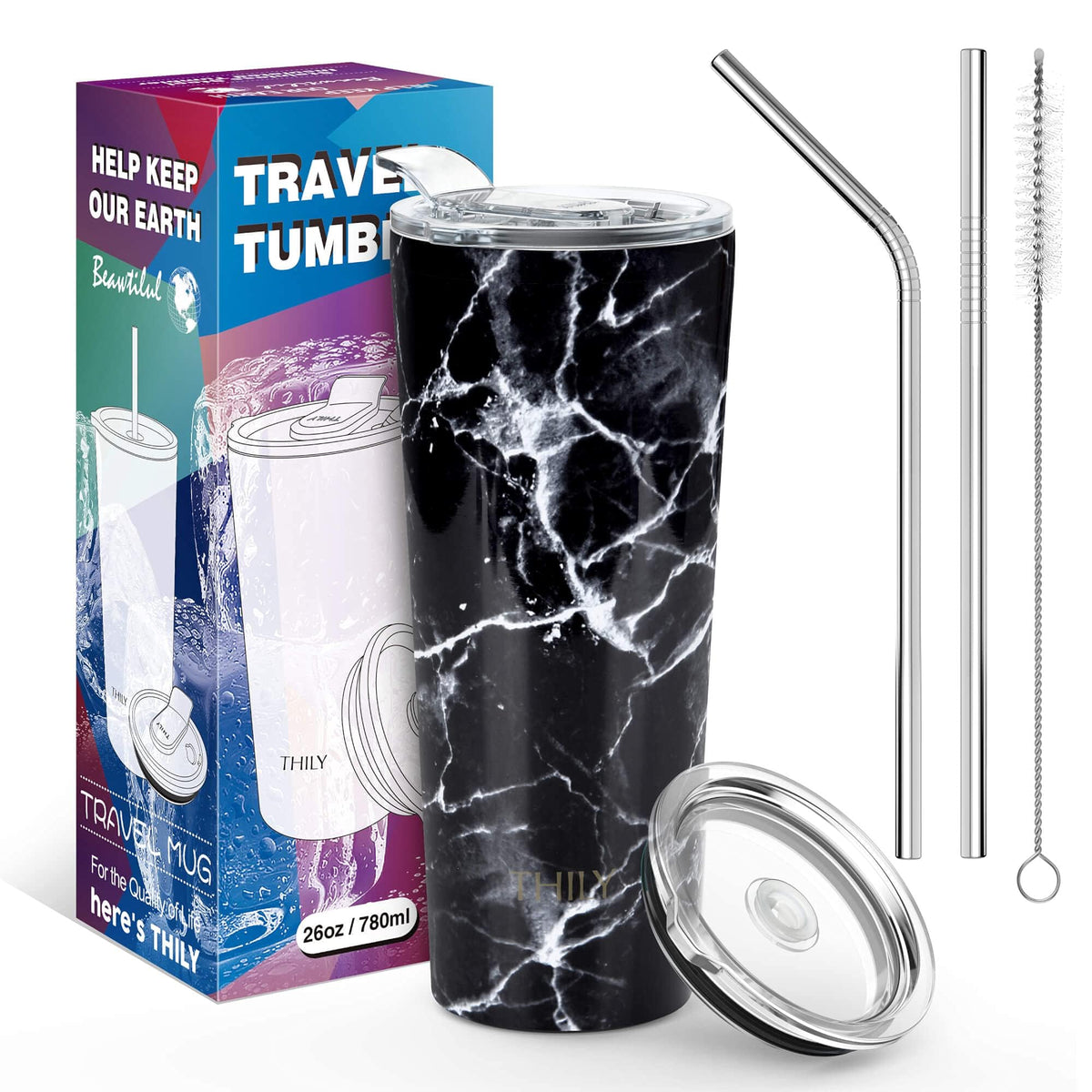Thily Thermobecher aus Edelstahl, vakuumisoliert, 780 ml, Kaffeetasse mit 2 Deckeln und Strohhalmen, spritzwassergeschützt, hält Eisgetränke kalt, schwarzer Marmor