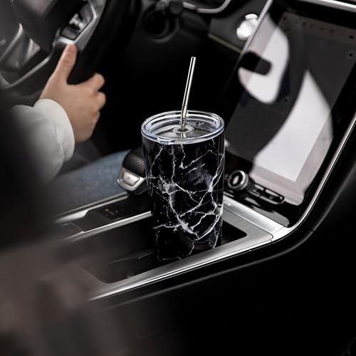 Thily Thermobecher aus Edelstahl, vakuumisoliert, 780 ml, Kaffeetasse mit 2 Deckeln und Strohhalmen, spritzwassergeschützt, hält Eisgetränke kalt, schwarzer Marmor