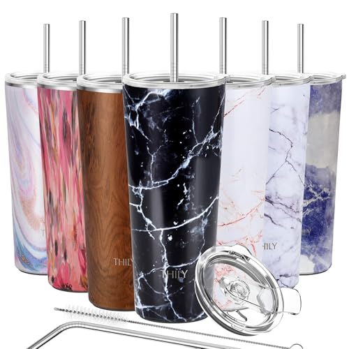Thily Thermobecher aus Edelstahl, vakuumisoliert, 780 ml, Kaffeetasse mit 2 Deckeln und Strohhalmen, spritzwassergeschützt, hält Eisgetränke kalt, schwarzer Marmor