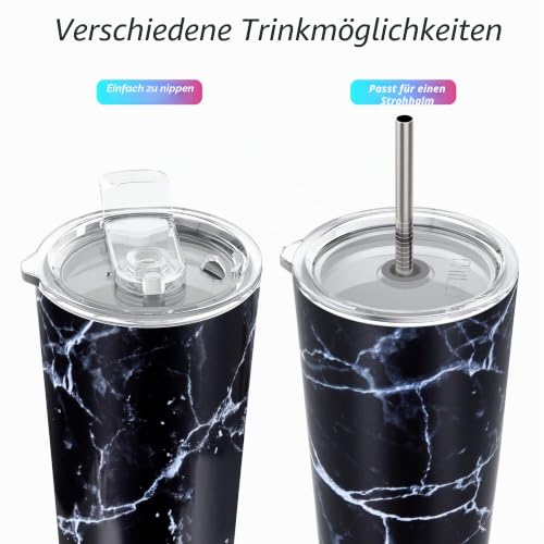Thily Thermobecher aus Edelstahl, vakuumisoliert, 780 ml, Kaffeetasse mit 2 Deckeln und Strohhalmen, spritzwassergeschützt, hält Eisgetränke kalt, schwarzer Marmor