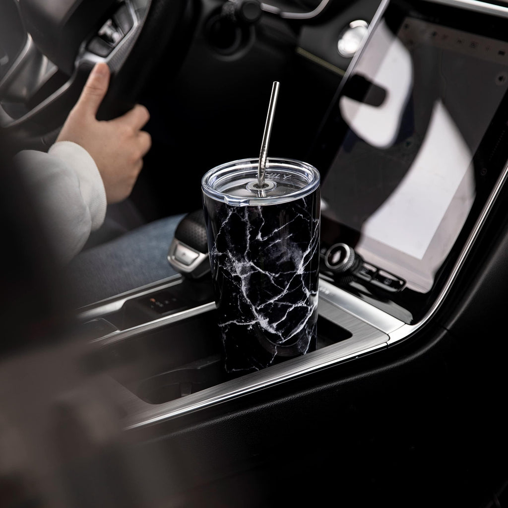 Thily Thermobecher aus Edelstahl, vakuumisoliert, 780 ml, Kaffeetasse mit 2 Deckeln und Strohhalmen, spritzwassergeschützt, hält Eisgetränke kalt, schwarzer Marmor