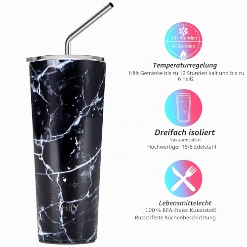 Thily Thermobecher aus Edelstahl, vakuumisoliert, 780 ml, Kaffeetasse mit 2 Deckeln und Strohhalmen, spritzwassergeschützt, hält Eisgetränke kalt, schwarzer Marmor