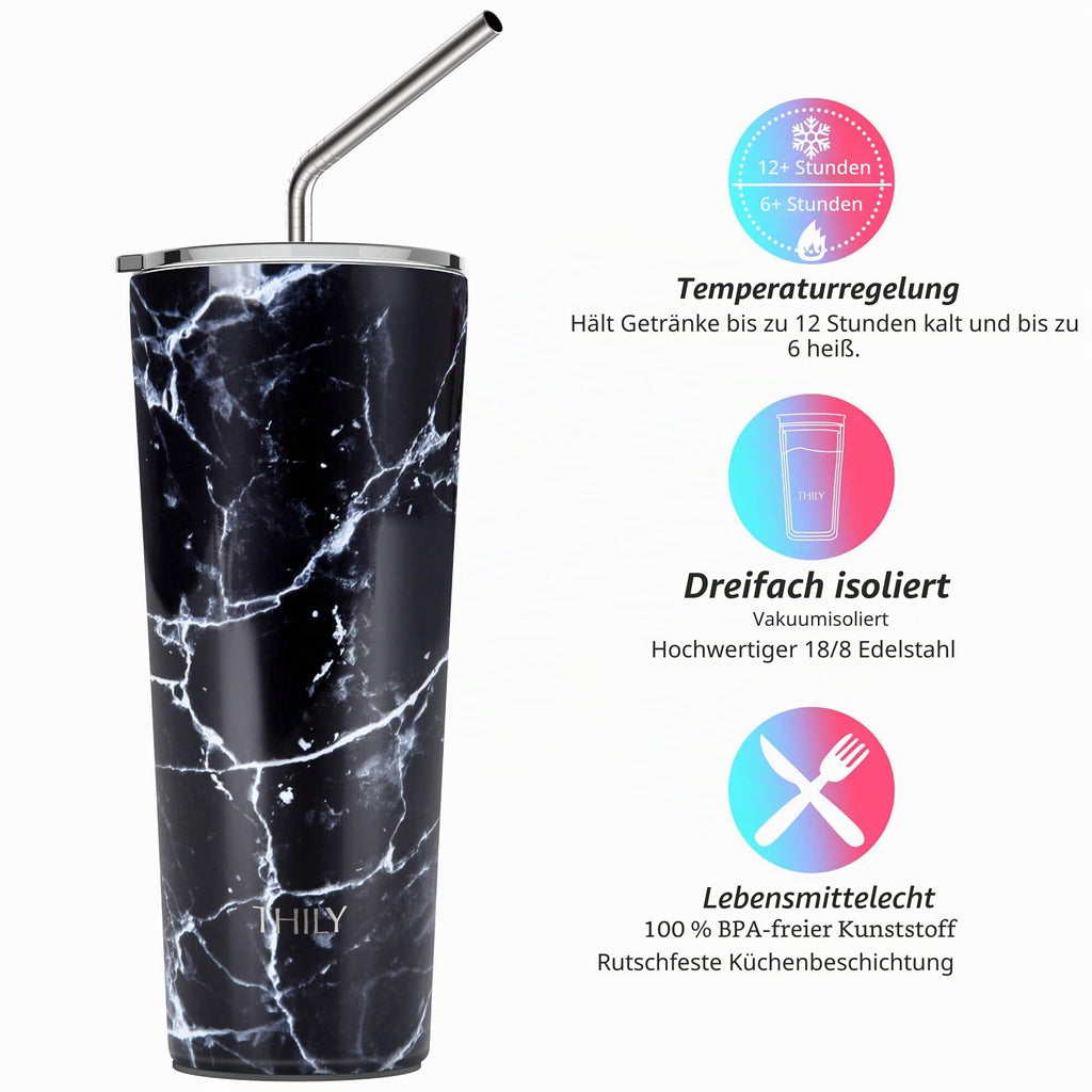 Thily Thermobecher aus Edelstahl, vakuumisoliert, 780 ml, Kaffeetasse mit 2 Deckeln und Strohhalmen, spritzwassergeschützt, hält Eisgetränke kalt, schwarzer Marmor