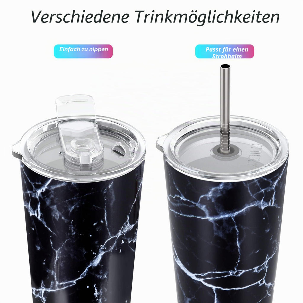 Thily Thermobecher aus Edelstahl, vakuumisoliert, 780 ml, Kaffeetasse mit 2 Deckeln und Strohhalmen, spritzwassergeschützt, hält Eisgetränke kalt, schwarzer Marmor
