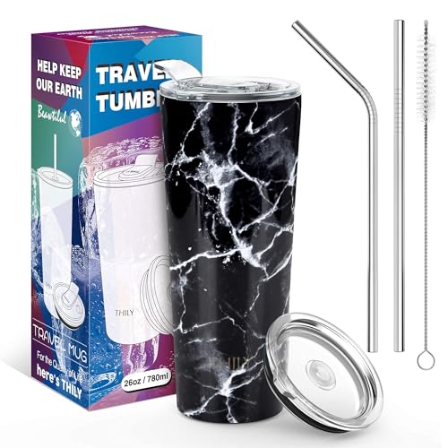 Thily Thermobecher aus Edelstahl, vakuumisoliert, 780 ml, Kaffeetasse mit 2 Deckeln und Strohhalmen, spritzwassergeschützt, hält Eisgetränke kalt, schwarzer Marmor