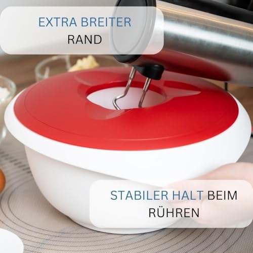 Westmark Rühr-/Backschüssel mit Spritzschutz, Deckel und Ausgießer, Kunststoff,Weiß/Rot, 3155227R Füllmenge: 3,5 L