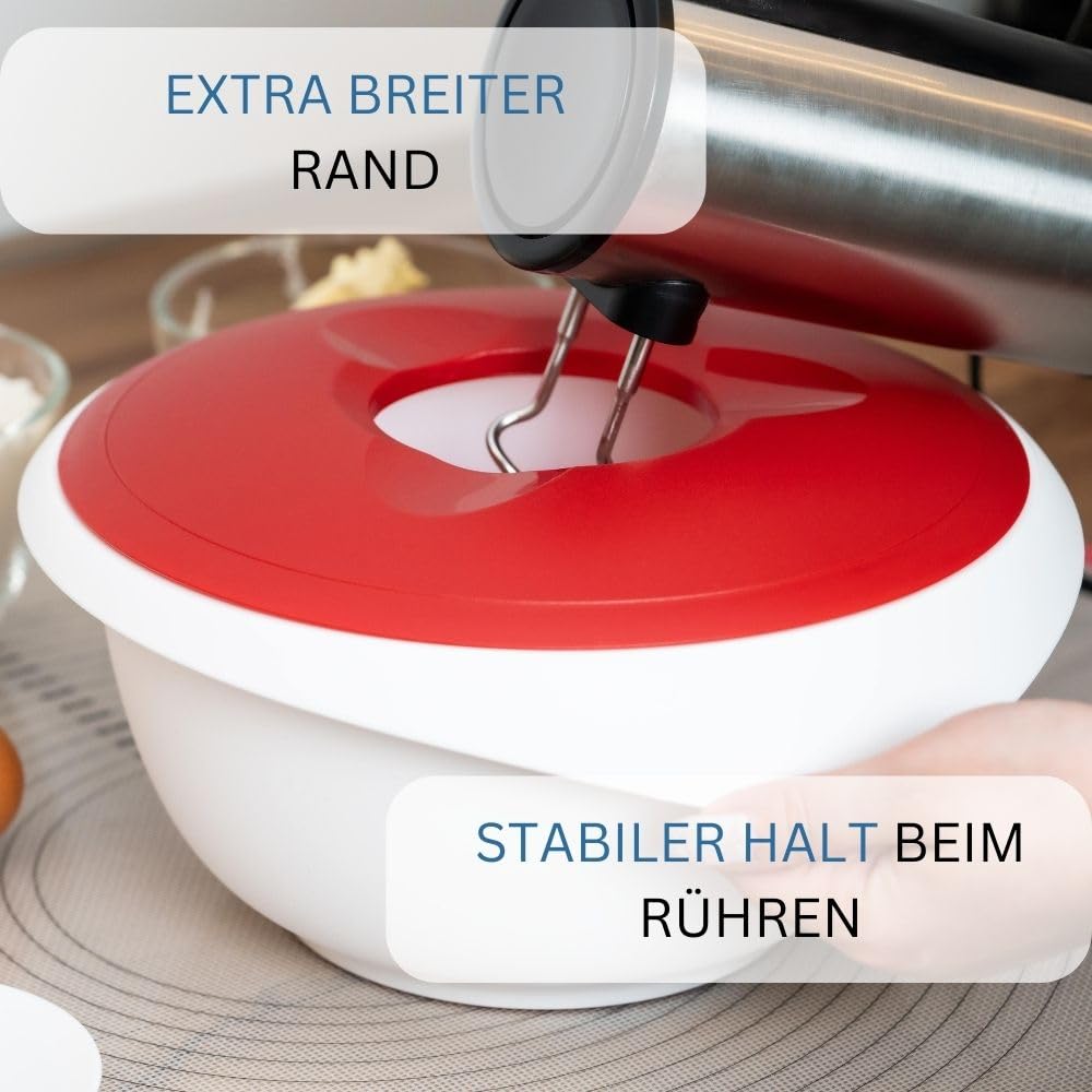 Westmark Rühr-/Backschüssel mit Spritzschutz, Deckel und Ausgießer, Kunststoff,Weiß/Rot, 3155227R Füllmenge: 3,5 L