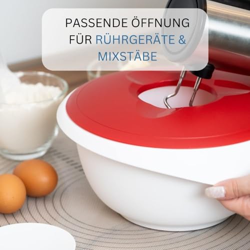 Westmark Rühr-/Backschüssel mit Spritzschutz, Deckel und Ausgießer, Kunststoff,Weiß/Rot, 3155227R Füllmenge: 3,5 L