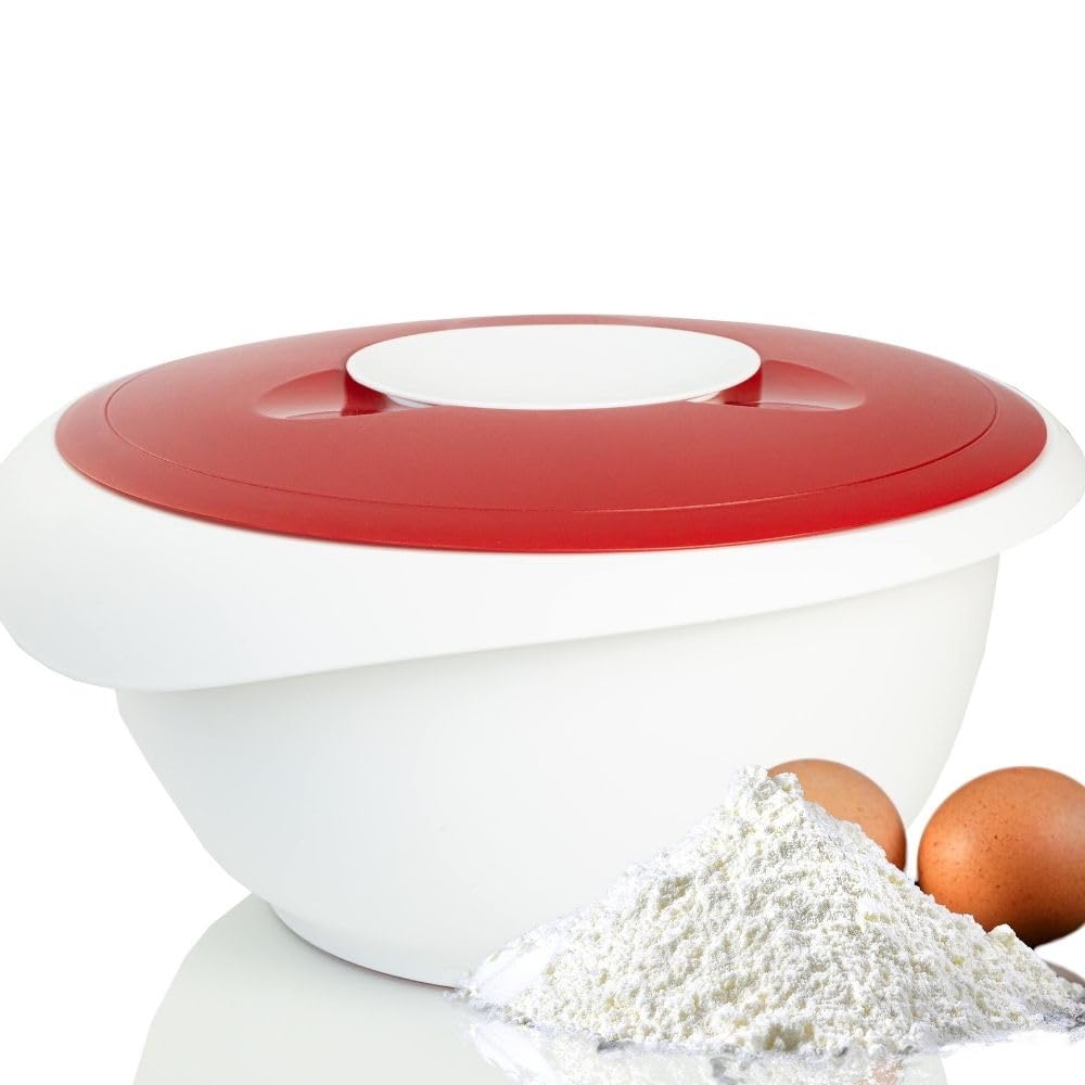Westmark Rühr-/Backschüssel mit Spritzschutz, Deckel und Ausgießer, Kunststoff,Weiß/Rot, 3155227R Füllmenge: 3,5 L