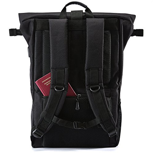 Ela Mo® Rolltop Rucksack Damen - Rollrucksack Anti Diebstahl für Sport & Reisen - Laptoprucksack für Schule, Uni, Business - Mit USB Anschluss & kompaktem Flaschenhalter - Schwarz