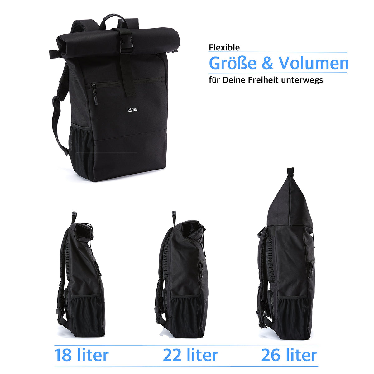 Ela Mo® Rolltop Rucksack Damen - Rollrucksack Anti Diebstahl für Sport & Reisen - Laptoprucksack für Schule, Uni, Business - Mit USB Anschluss & kompaktem Flaschenhalter - Schwarz