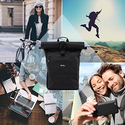 Ela Mo® Rolltop Rucksack Damen - Rollrucksack Anti Diebstahl für Sport & Reisen - Laptoprucksack für Schule, Uni, Business - Mit USB Anschluss & kompaktem Flaschenhalter - Schwarz