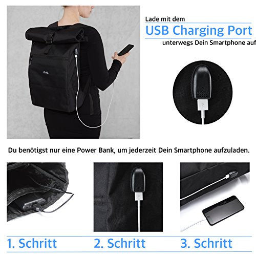 Ela Mo® Rolltop Rucksack Damen - Rollrucksack Anti Diebstahl für Sport & Reisen - Laptoprucksack für Schule, Uni, Business - Mit USB Anschluss & kompaktem Flaschenhalter - Schwarz