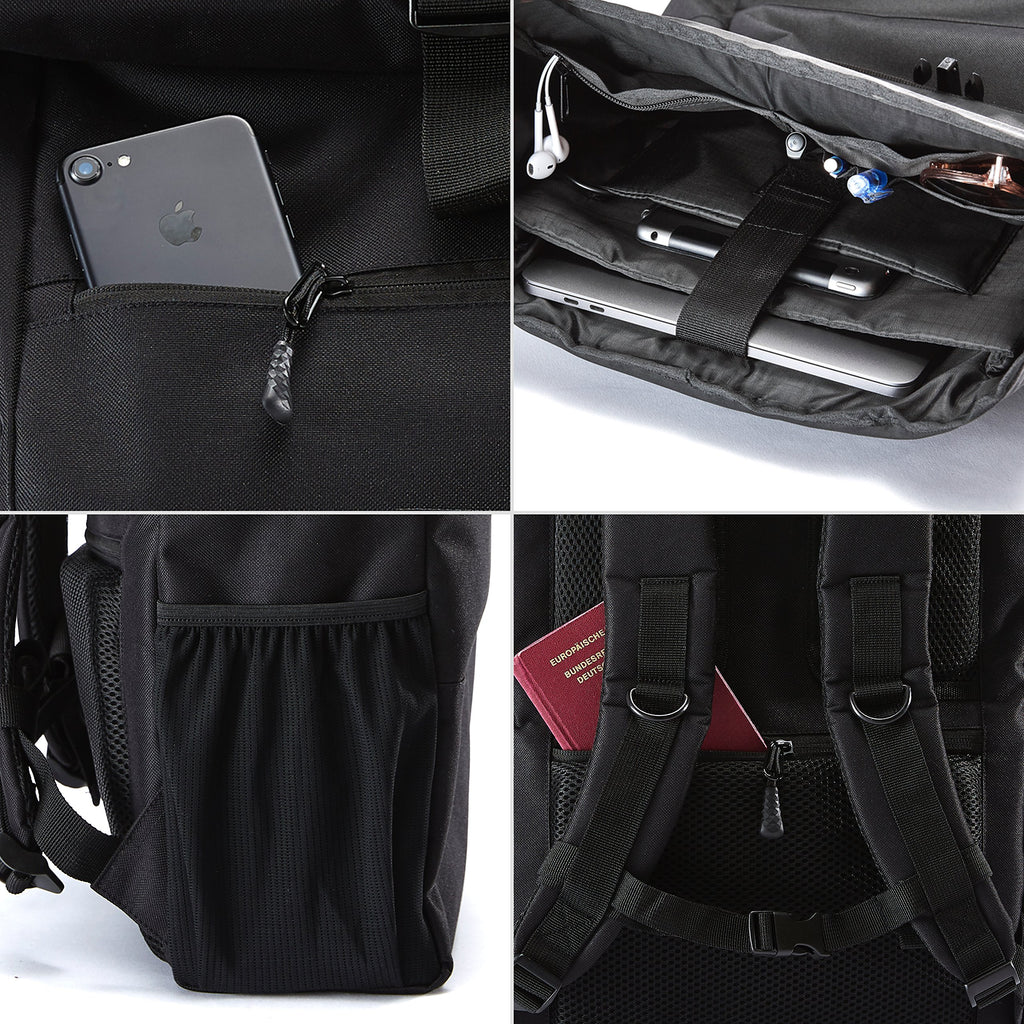 Ela Mo® Rolltop Rucksack Damen - Rollrucksack Anti Diebstahl für Sport & Reisen - Laptoprucksack für Schule, Uni, Business - Mit USB Anschluss & kompaktem Flaschenhalter - Schwarz