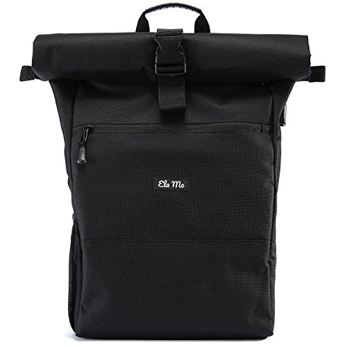 Ela Mo® Rolltop Rucksack Damen - Rollrucksack Anti Diebstahl für Sport & Reisen - Laptoprucksack für Schule, Uni, Business - Mit USB Anschluss & kompaktem Flaschenhalter - Schwarz