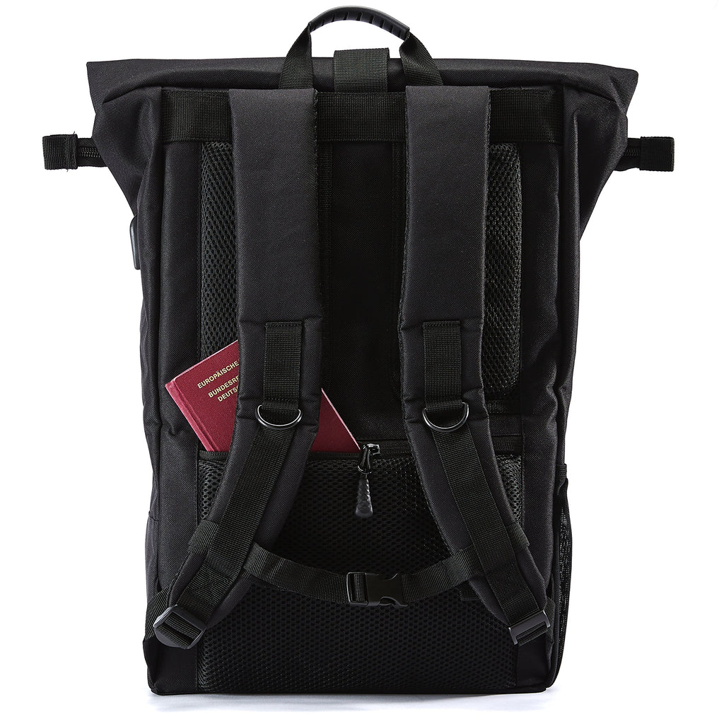 Ela Mo® Rolltop Rucksack Damen - Rollrucksack Anti Diebstahl für Sport & Reisen - Laptoprucksack für Schule, Uni, Business - Mit USB Anschluss & kompaktem Flaschenhalter - Schwarz
