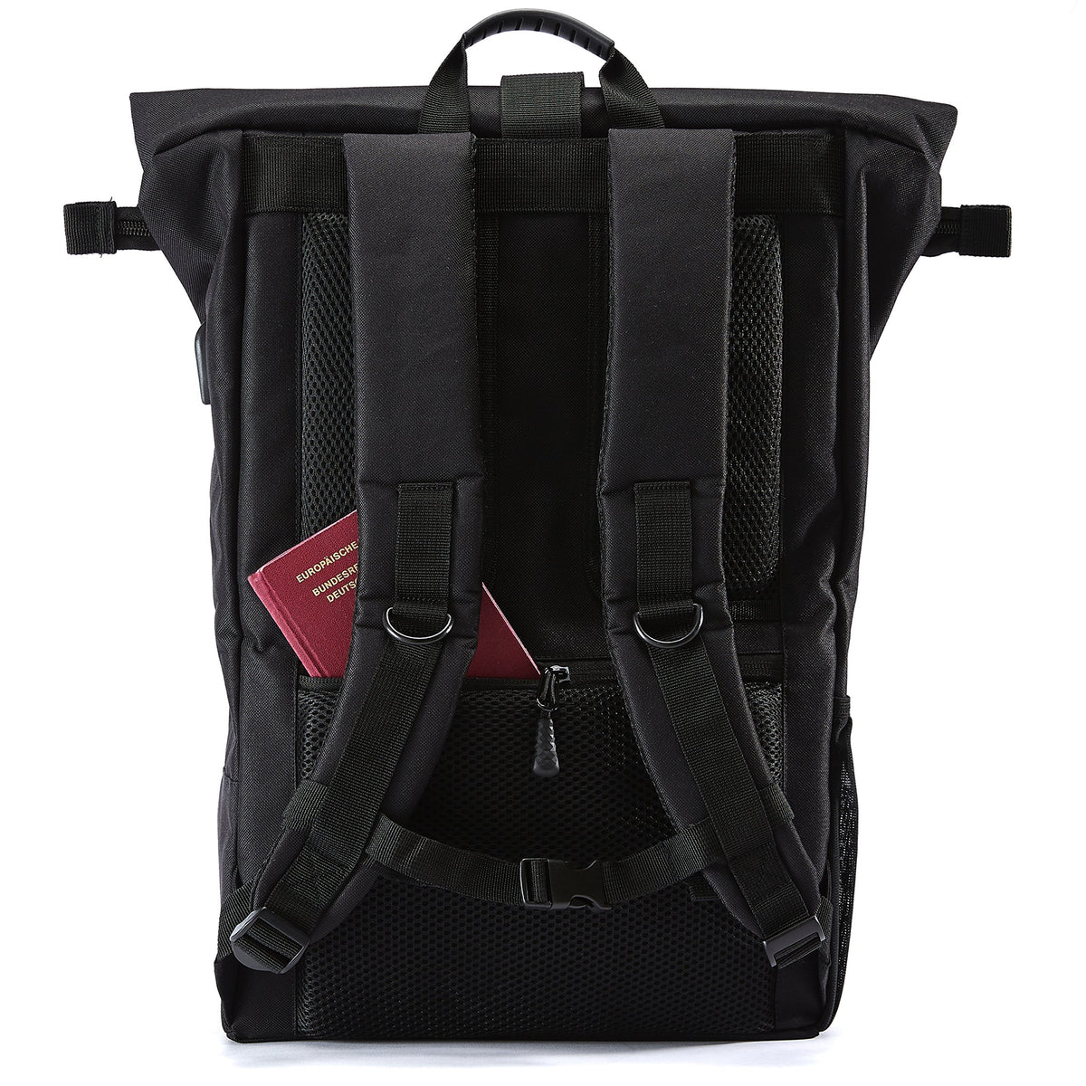 Ela Mo® Rolltop Rucksack Damen - Rollrucksack Anti Diebstahl für Sport & Reisen - Laptoprucksack für Schule, Uni, Business - Mit USB Anschluss & kompaktem Flaschenhalter - Schwarz