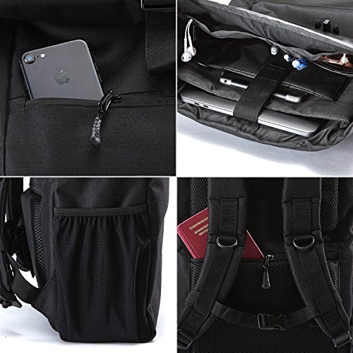 Ela Mo® Rolltop Rucksack Damen - Rollrucksack Anti Diebstahl für Sport & Reisen - Laptoprucksack für Schule, Uni, Business - Mit USB Anschluss & kompaktem Flaschenhalter - Schwarz