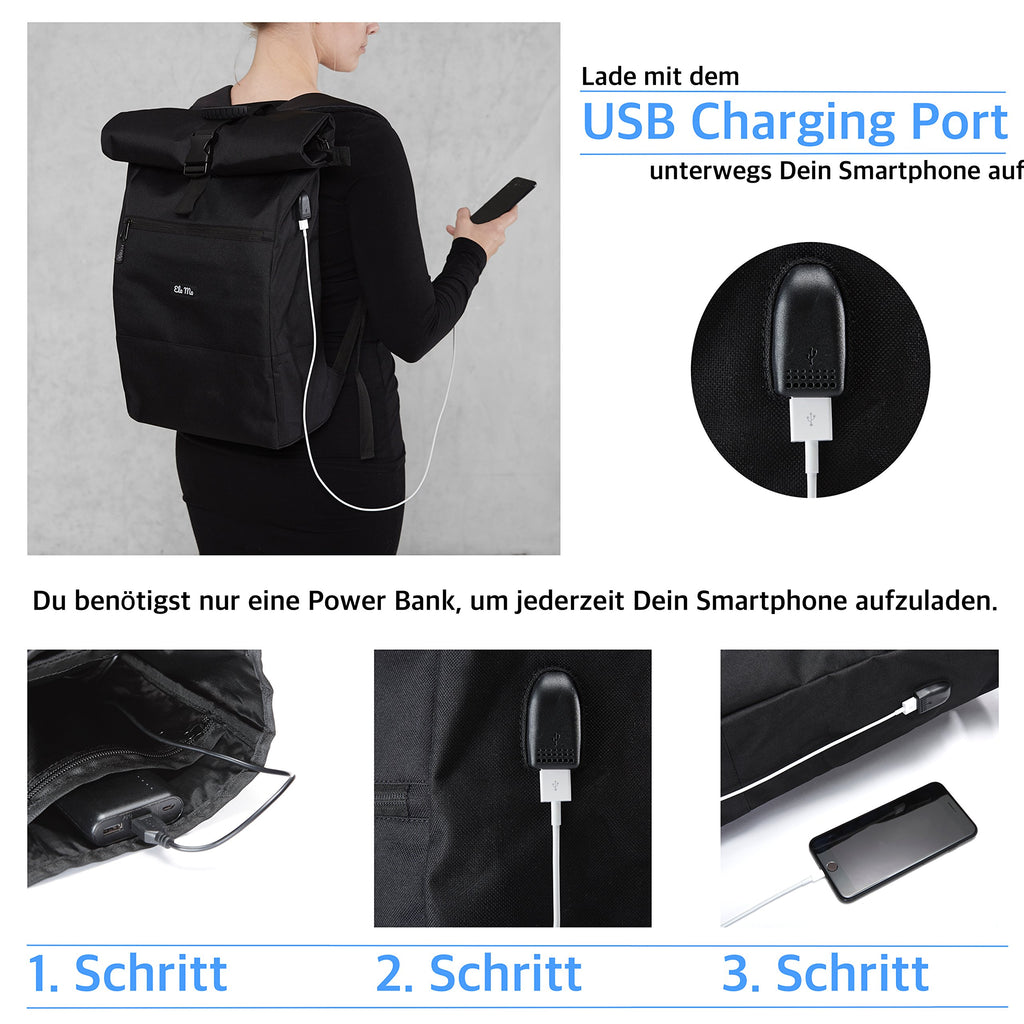 Ela Mo® Rolltop Rucksack Damen - Rollrucksack Anti Diebstahl für Sport & Reisen - Laptoprucksack für Schule, Uni, Business - Mit USB Anschluss & kompaktem Flaschenhalter - Schwarz