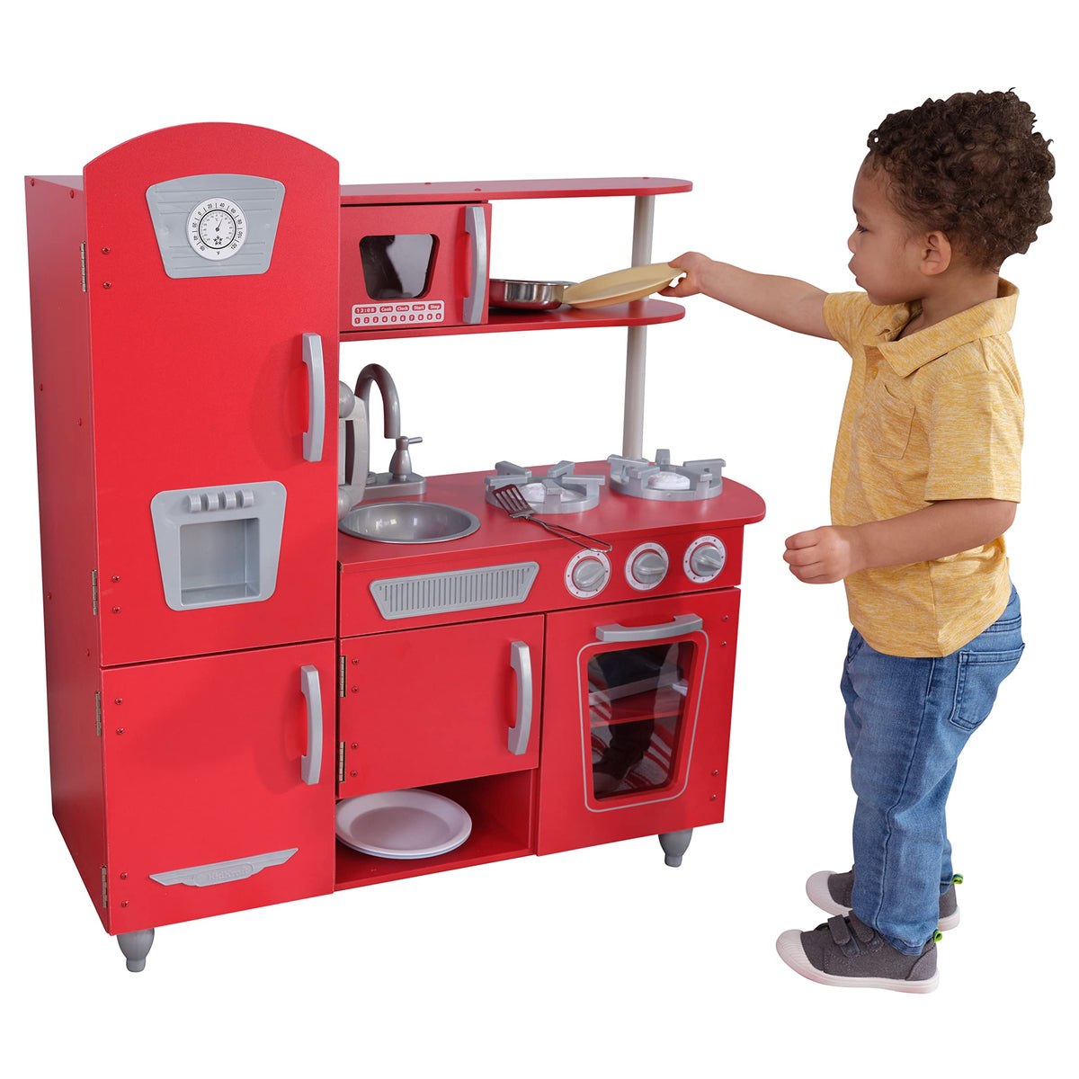 KidKraft Vintage Rot Kinderküche aus Holz mit Spieltelefon, Spielküche mit Retro Kühlschrank, Spielzeug für Kinder ab 3 Jahre, 53173