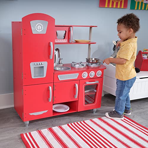 KidKraft Vintage Rot Kinderküche aus Holz mit Spieltelefon, Spielküche mit Retro Kühlschrank, Spielzeug für Kinder ab 3 Jahre, 53173